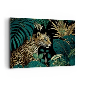 Cuadro sobre lienzo - Impresión de Imagen - Leopardo en hojas tropicales sobre un fondo negro - 100x70cm - El anfitrión en la jungla - Decoración de pared moderna para salón y dormitorio ARTTOR