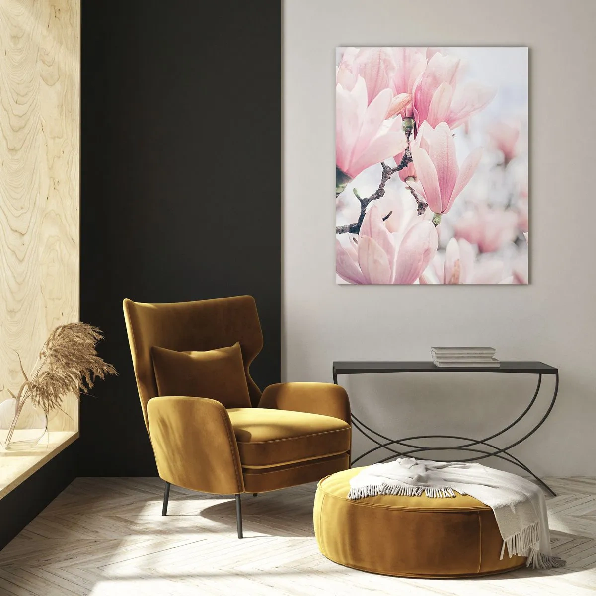 Cuadro sobre vidrio - Impresiones sobre Vidrio - Delicadas magnolias rosas sobre un fondo claro. - 50x70cm - La perfección de la sutileza - Decoración de pared moderna para salón y dormitorio ARTTOR