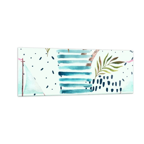 Cuadro sobre vidrio - Impresiones sobre Vidrio - Patrón abstracto con palmeras y acentos náuticos. - 140x50cm - Vacaciones bajo las palmeras - Decoración de pared moderna para salón y dormitorio ARTTOR