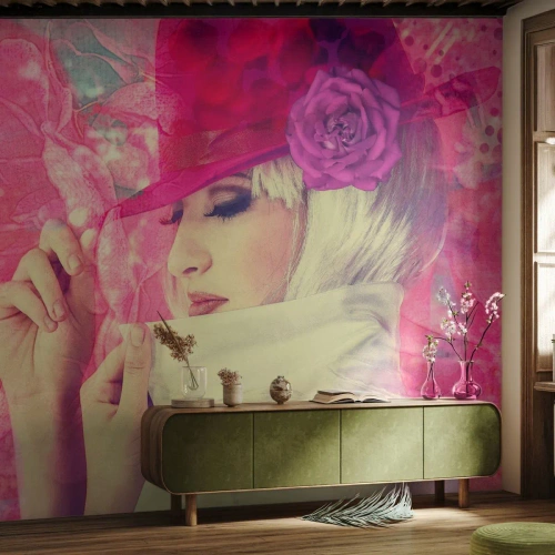 Fotomural Premium Canvas - Retrato retro en rosa - mujer con sombrero, flores, Moda - 150x105 cm