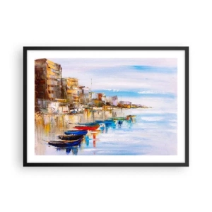 Póster en marco negro - Barcos coloridos en la orilla con vistas al horizonte de la ciudad - 70x50cm - Puerto urbano multicolor - Decoración de pared moderna para salón y dormitorio ARTTOR