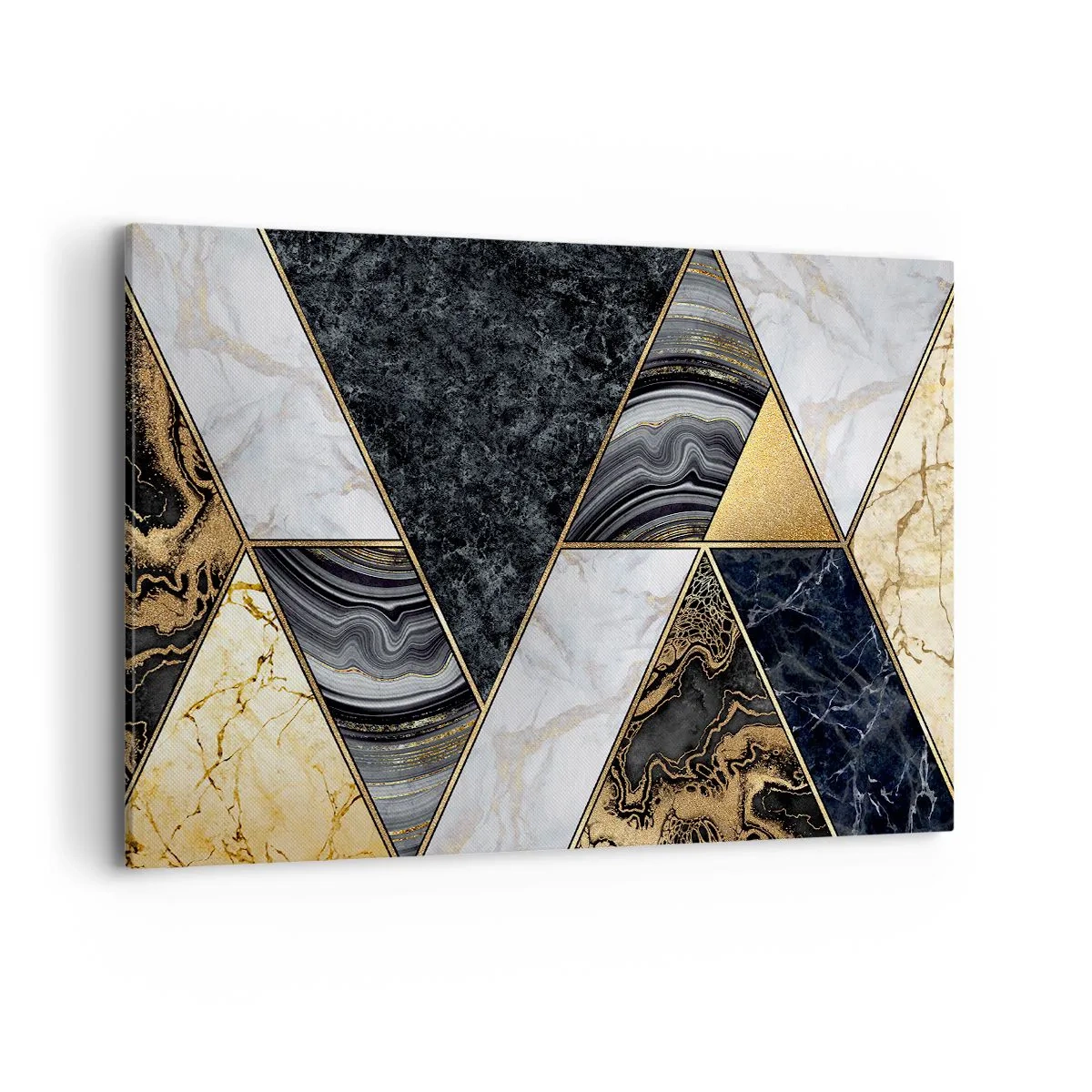 Cuadro sobre lienzo - Impresión de Imagen - Triángulos geométricos en dorado, mármol y tonos oscuros. - 120x80cm - Collage de piedras - Decoración de pared moderna para salón y dormitorio ARTTOR