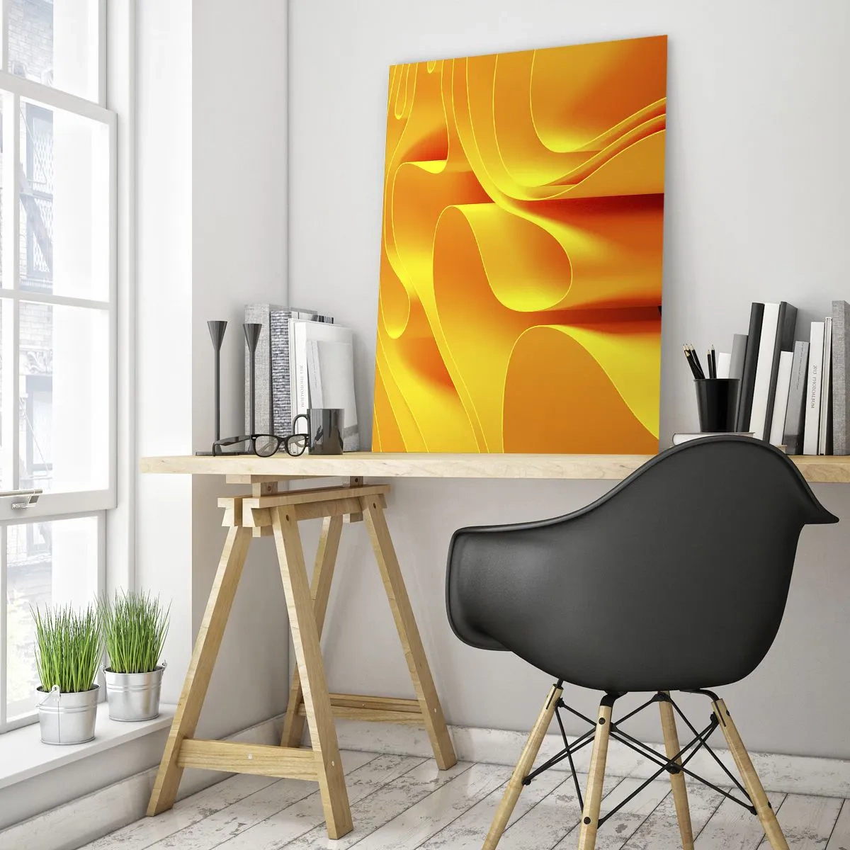 Cuadro sobre vidrio - Impresiones sobre Vidrio - Ondas abstractas amarillas que se asemejan a los rayos del sol - 80x120cm - Como las olas del sol - Decoración de pared moderna para salón y dormitorio ARTTOR
