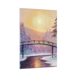 Cuadro sobre vidrio - Impresiones sobre Vidrio - Paisaje invernal con un puente iluminado por el atardecer. - 80x120cm - Las cuatro estaciones: el invierno - Decoración de pared moderna para salón y dormitorio ARTTOR