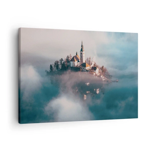 Cuadro sobre lienzo - Impresión de Imagen - Una isla pintoresca con una iglesia rodeada de niebla. - 70x50cm - Isla de los sueños - Decoración de pared moderna para salón y dormitorio ARTTOR