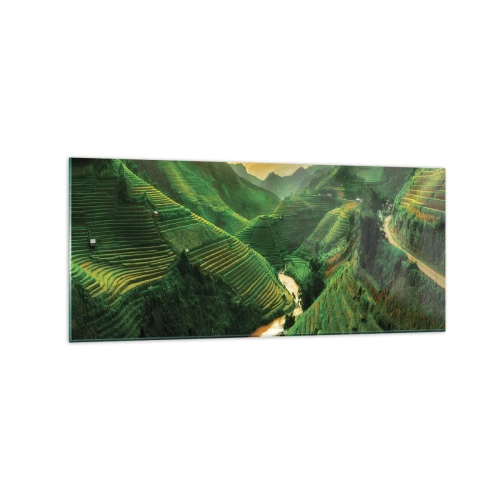 Cuadro sobre vidrio - Impresiones sobre Vidrio - Pintorescas terrazas de arroz en un valle verde iluminado por el sol poniente - 120x50cm - Valle vietnamita - Decoración de pared moderna para salón y dormitorio ARTTOR