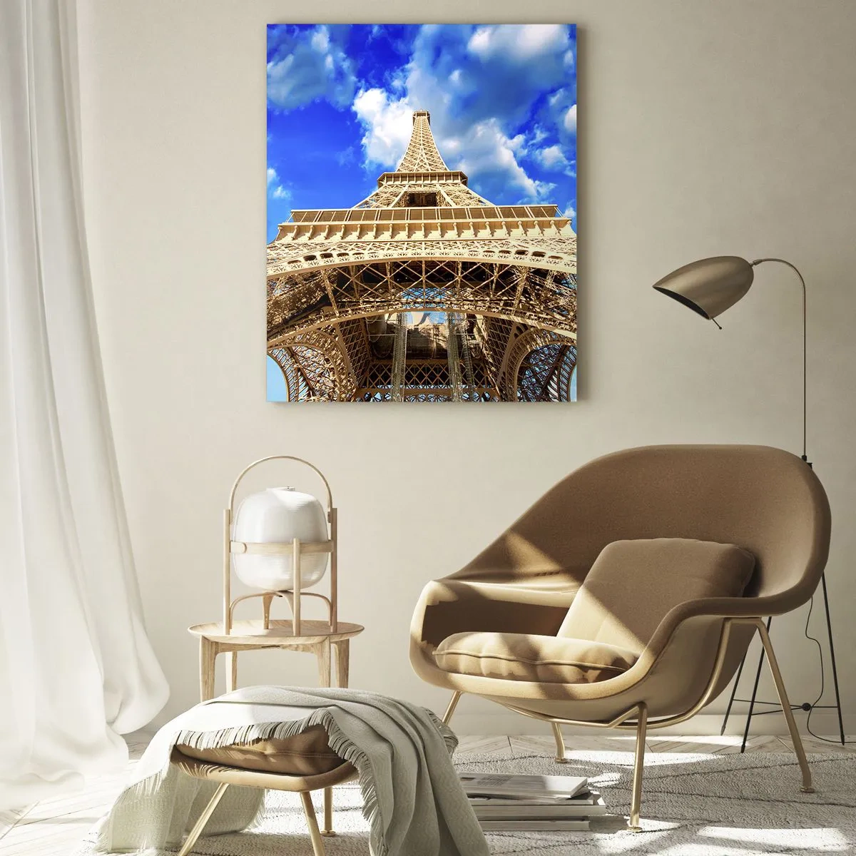 Cuadro sobre vidrio - Impresiones sobre Vidrio - La Torre Eiffel desde abajo contra un cielo azul - 80x120cm - Alcanzando el cielo y las nubes - Decoración de pared moderna para salón y dormitorio ARTTOR