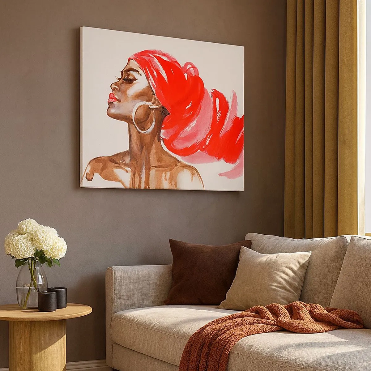 Cuadro sobre lienzo - Impresión de Imagen - Perfil de una mujer con turbante rojo y pendientes - 70x50cm - Aroma que te hace sentir - Decoración de pared moderna para salón y dormitorio ARTTOR