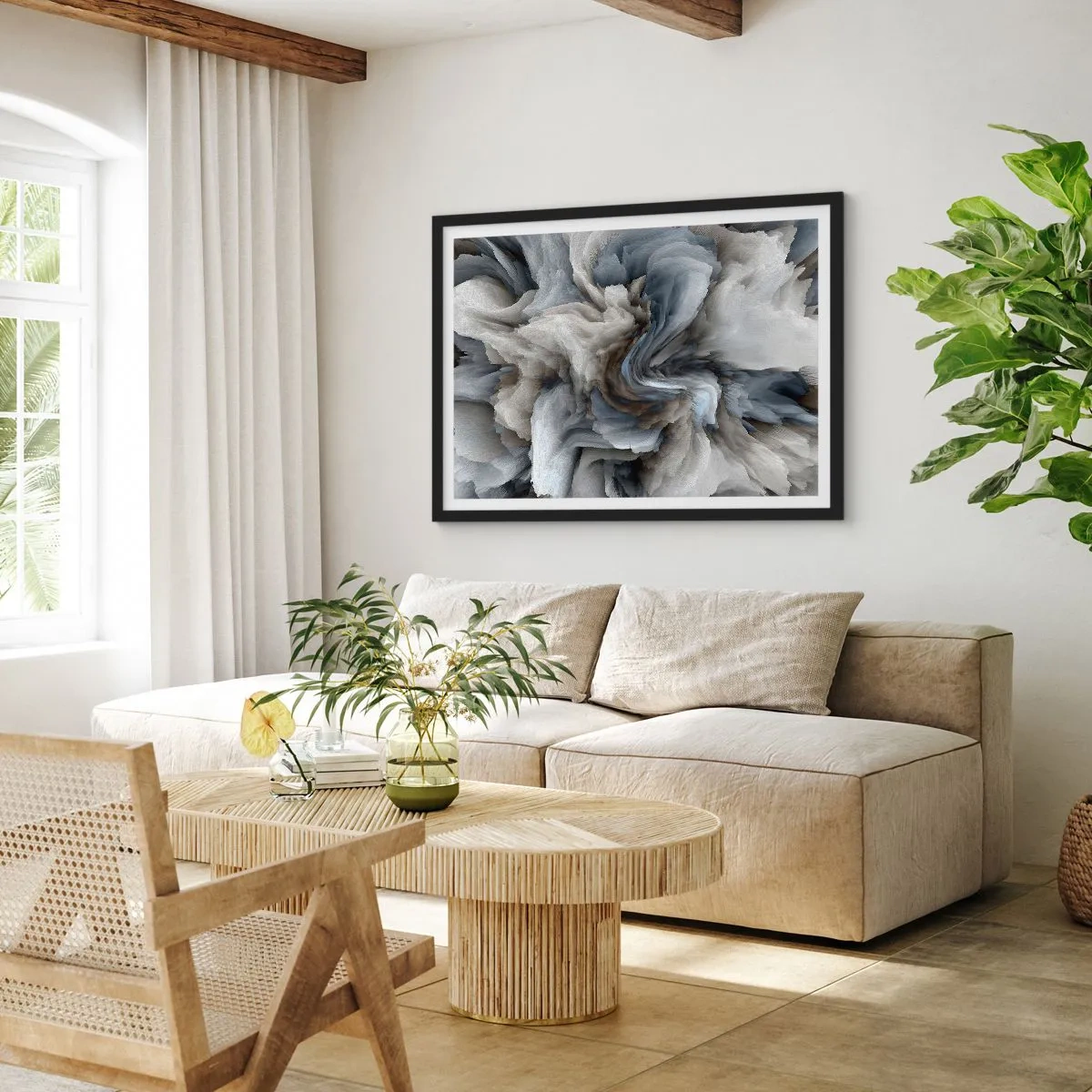 Póster en marco negro - Remolino abstracto en tonos de gris y azul. - 70x50cm - Piedra y flor - Decoración de pared moderna para salón y dormitorio ARTTOR