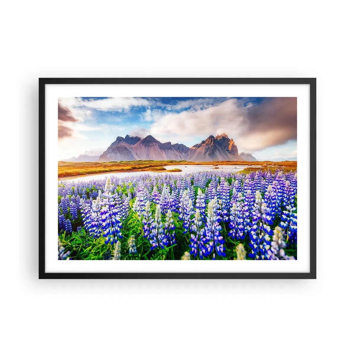 Póster en marco negro - Flores en un paisaje de montaña con un cielo pintoresco. - 70x50cm - La fuerza y la severidad junto a la dulzura - Decoración de pared moderna para salón y dormitorio ARTTOR