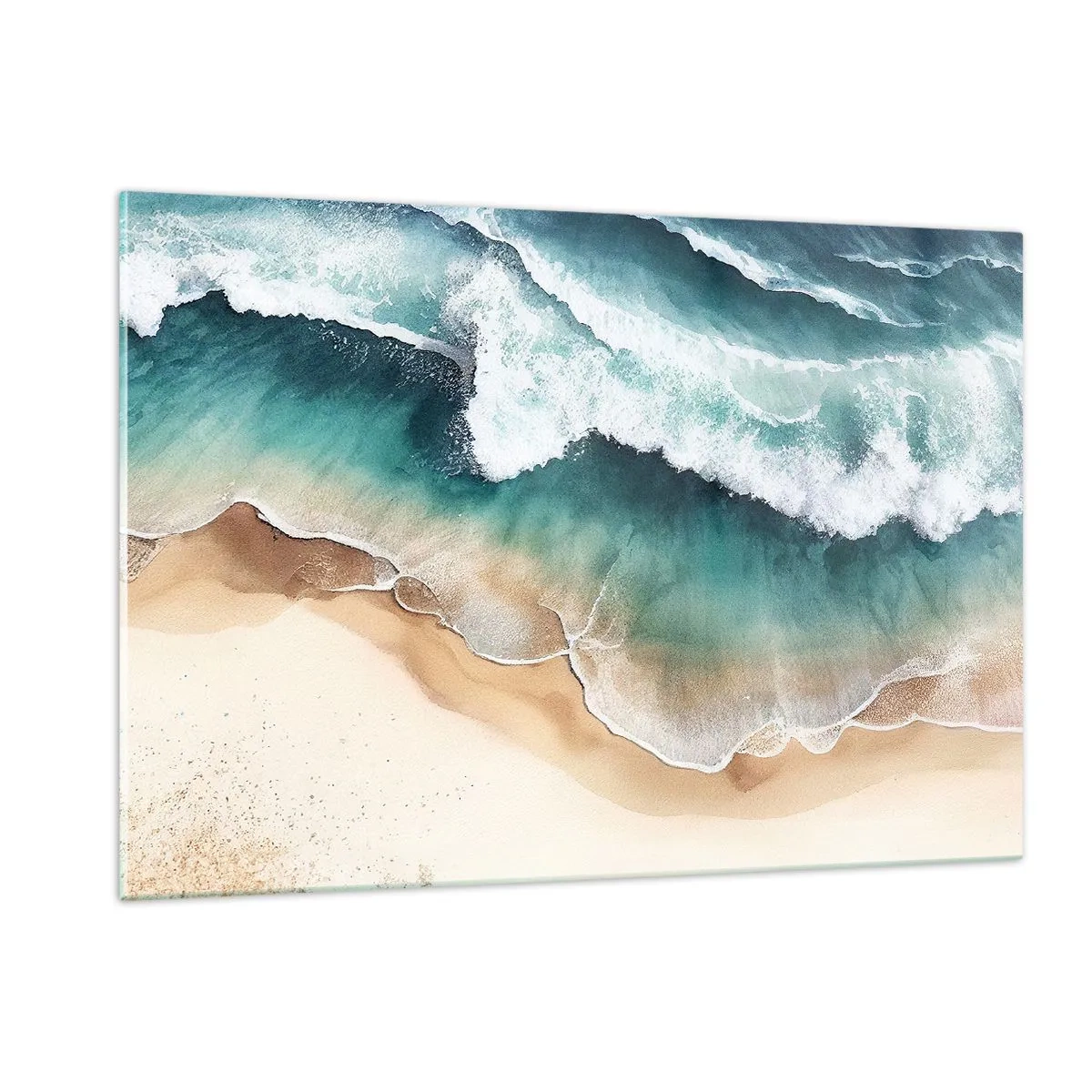 Cuadro sobre vidrio - Impresiones sobre Vidrio - Olas del océano rompiendo en una playa de arena dorada - 120x80cm - Un encuentro eterno - Decoración de pared moderna para salón y dormitorio ARTTOR