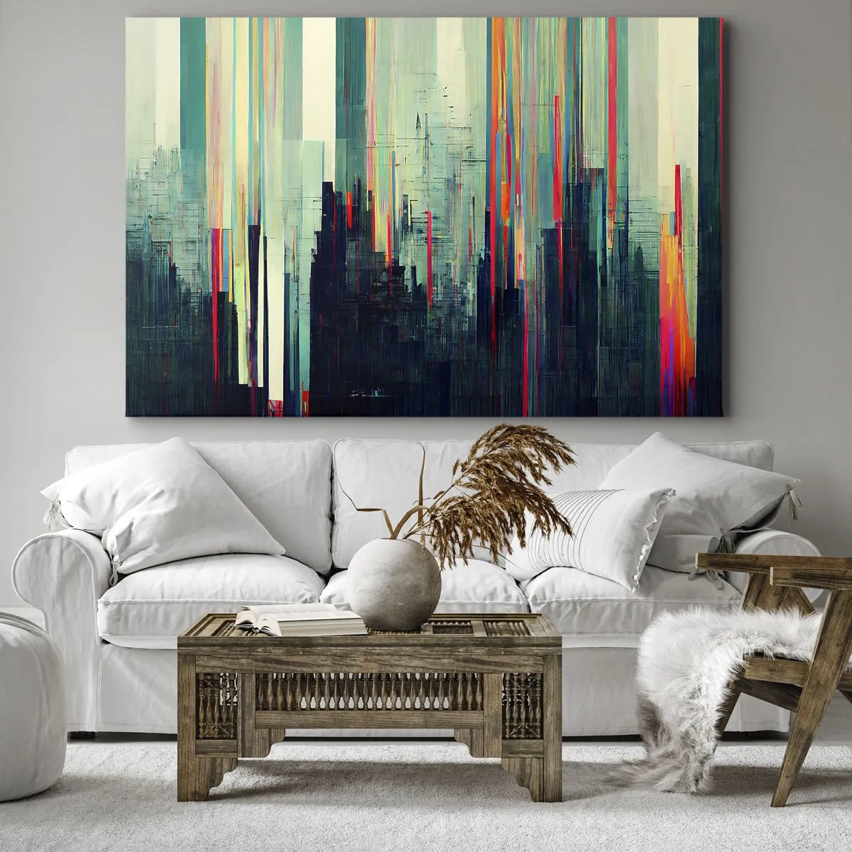 Cuadro sobre lienzo - Impresión de Imagen - Abstracción con líneas verticales y un horizonte de ciudad. - 70x50cm - Ciudad futurista - Decoración de pared moderna para salón y dormitorio ARTTOR