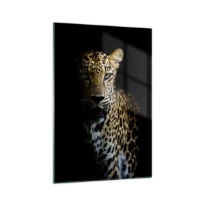 Cuadro sobre vidrio - Impresiones sobre Vidrio - Un leopardo sobre un fondo oscuro con una mirada intensa. - 70x100cm - Belleza oscura - Decoración de pared moderna para salón y dormitorio ARTTOR