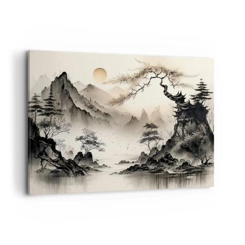 Cuadro sobre lienzo - Impresión de Imagen - Un paisaje oriental con montañas y una pagoda en tonos delicados. - 120x80cm - El encanto único de Oriente - Decoración de pared moderna para salón y dormitorio ARTTOR