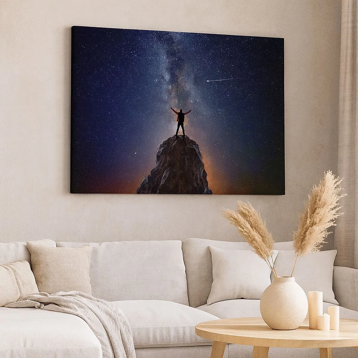Cuadro sobre lienzo - Impresión de Imagen - Una figura en la cima de una montaña bajo un cielo estrellado. - 70x50cm - ¡El poder está conmigo! - Decoración de pared moderna para salón y dormitorio ARTTOR