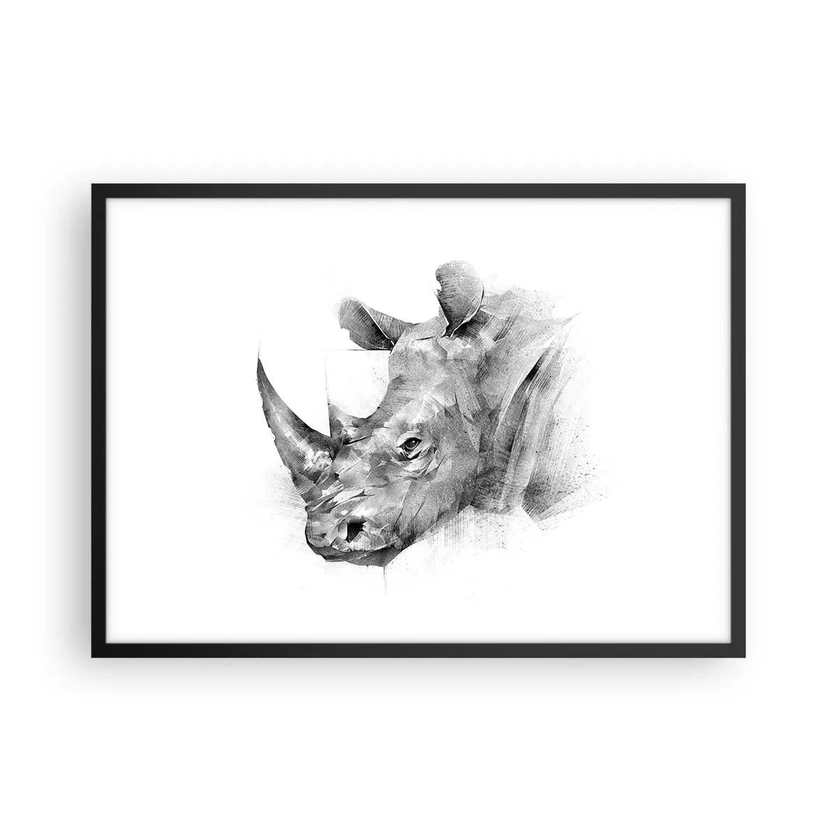 Póster en marco negro - Retrato artístico de un rinoceronte en blanco y negro. - 70x50cm - Retrato africano - Decoración de pared moderna para salón y dormitorio ARTTOR