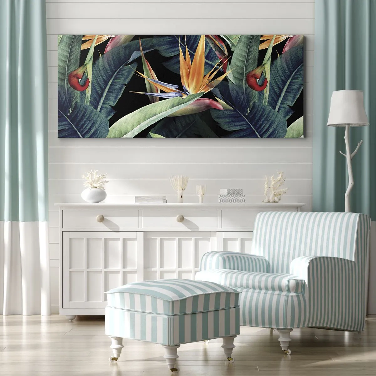 Cuadro sobre lienzo - Impresión de Imagen - Flores y hojas tropicales sobre fondo negro. - 120x50cm - Flores de llamas de los trópicos - Decoración de pared moderna para salón y dormitorio ARTTOR