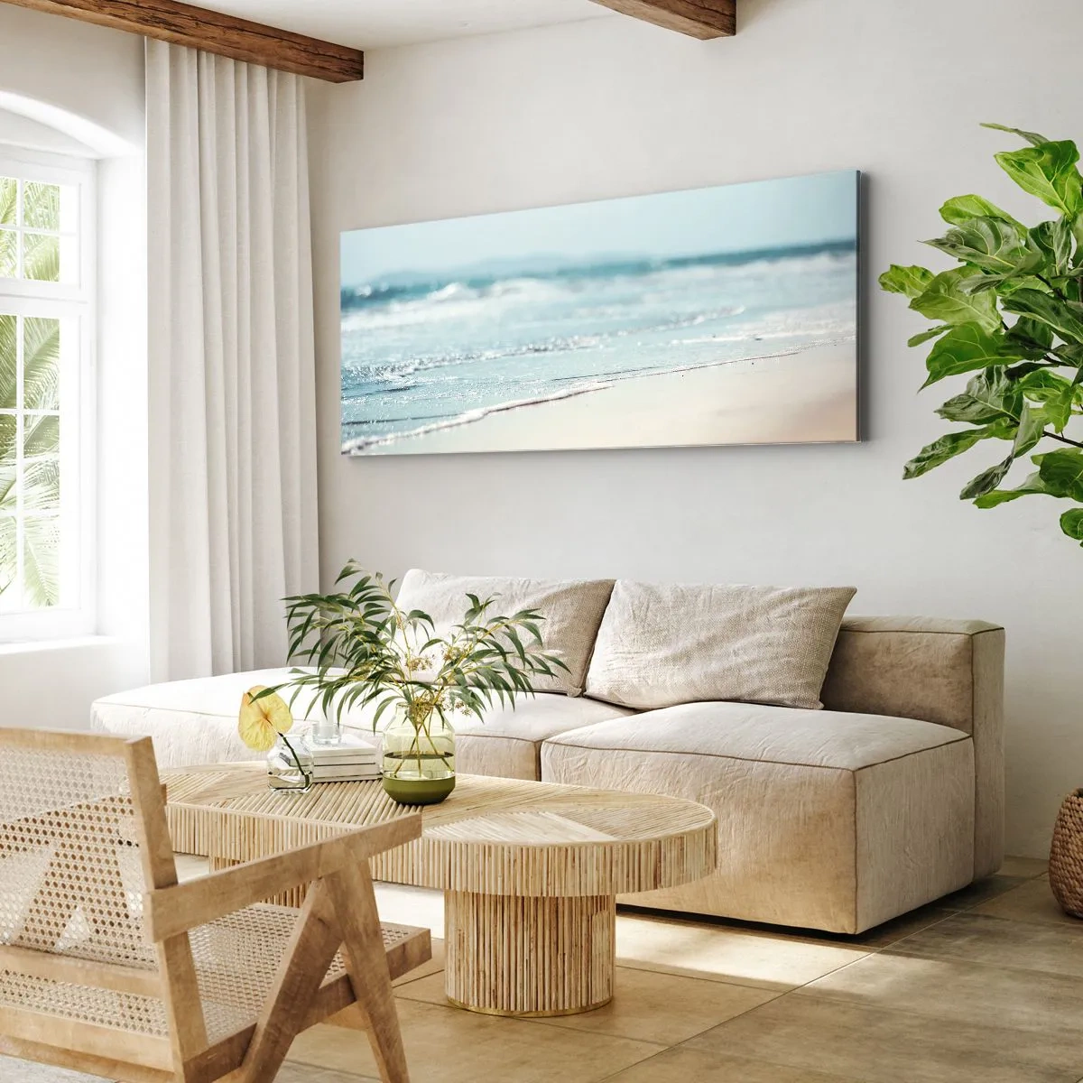 Cuadro sobre lienzo - Impresión de Imagen - Suaves olas del océano en una playa de arena - 160x50cm - Calor y brisa - Decoración de pared moderna para salón y dormitorio ARTTOR