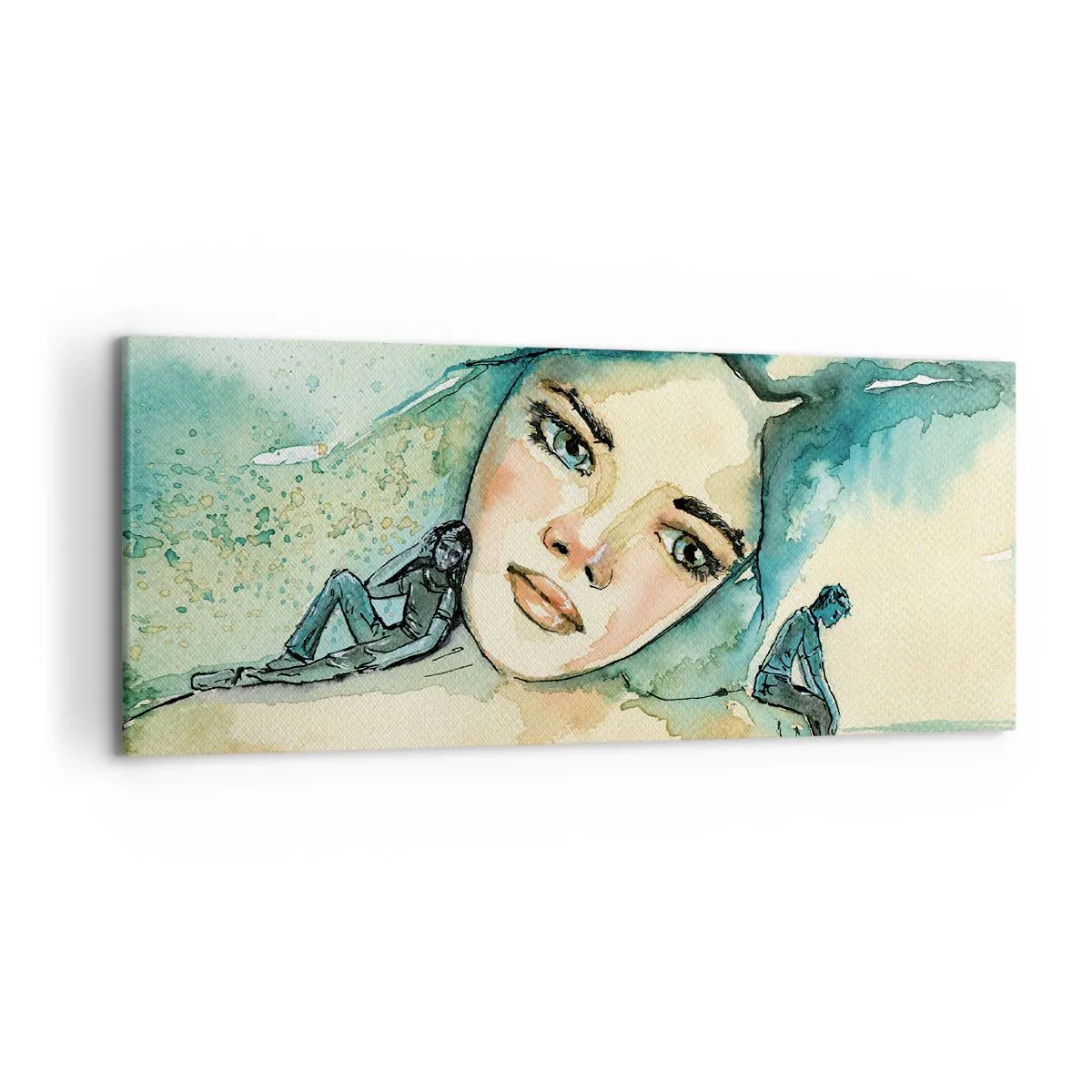 Cuadro sobre lienzo - Impresión de Imagen - Acuarela de rostro de mujer con motivo reflectante. - 120x50cm - ¿Soy azul? - Decoración de pared moderna para salón y dormitorio ARTTOR