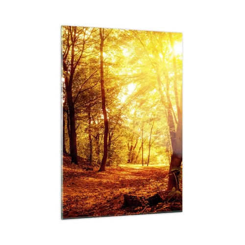 Cuadro sobre vidrio - Impresiones sobre Vidrio - Bosque otoñal iluminado por el cálido resplandor del sol. - 50x70cm - Hacia un claro de oro - Decoración de pared moderna para salón y dormitorio ARTTOR