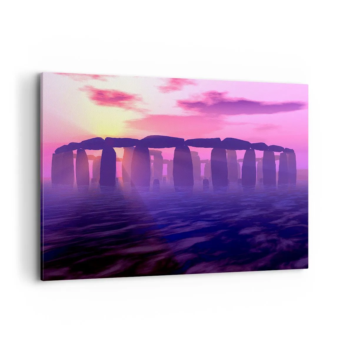 Cuadro sobre lienzo - Impresión de Imagen - Círculo de piedras al atardecer con un cielo violeta - 120x80cm - Misterio al amanecer en la niebla - Decoración de pared moderna para salón y dormitorio ARTTOR