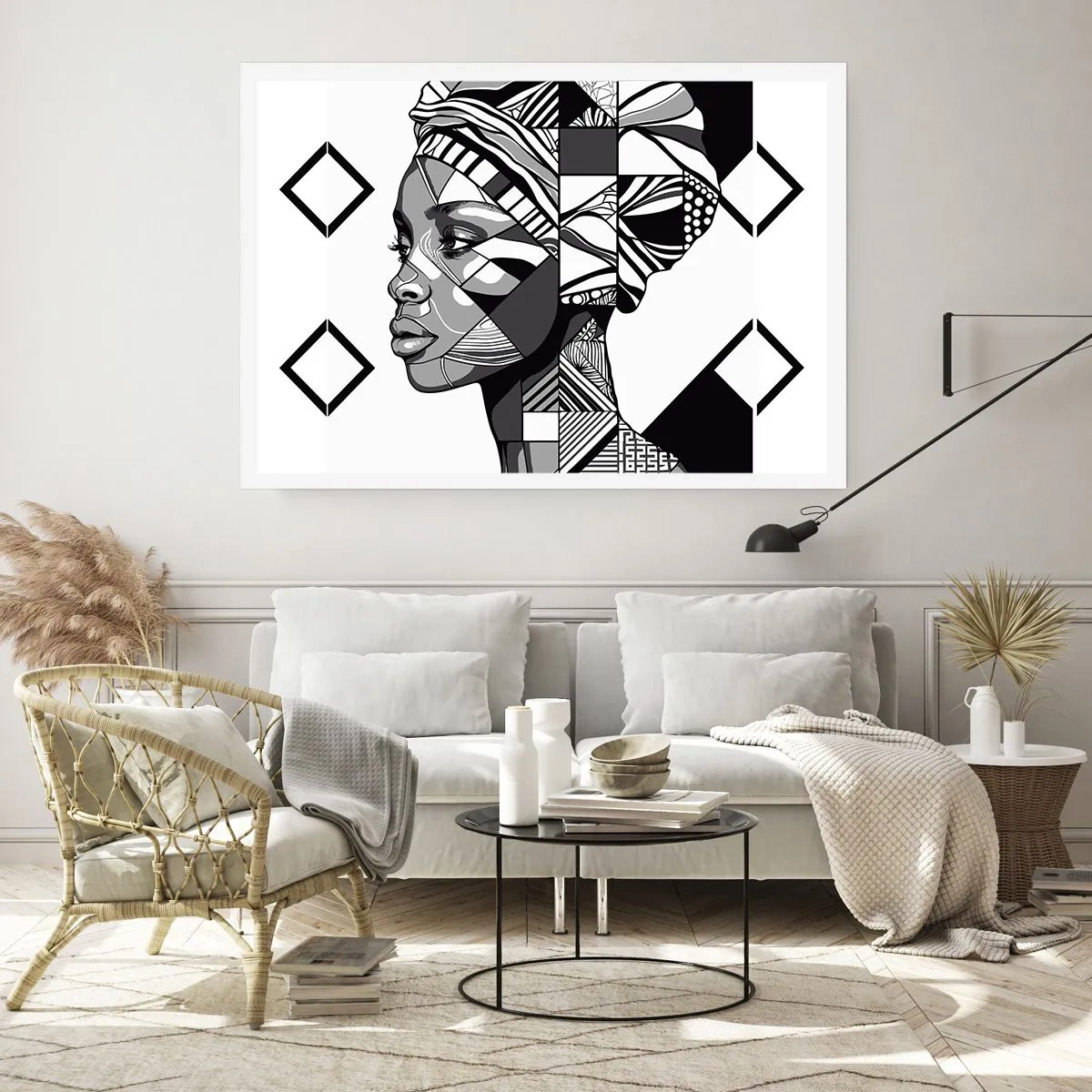 Póster - Retrato en blanco y negro de una mujer en estilo étnico. - 100x70cm - Retrato étnico - Decoración de pared moderna para salón y dormitorio ARTTOR