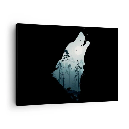 Cuadro sobre lienzo - Impresión de Imagen - Silueta de un lobo con un bosque y la luna al fondo - 70x50cm - Voz de la noche del bosque - Decoración de pared moderna para salón y dormitorio ARTTOR