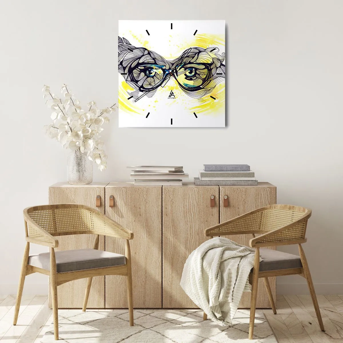 Reloj de pared - Reloj de vidrio - Gráficos artísticos de gafas con ojos expresivos. - 30x30cm - A través de las gafas azules - Decoración de pared moderna para salón y dormitorio ARTTOR