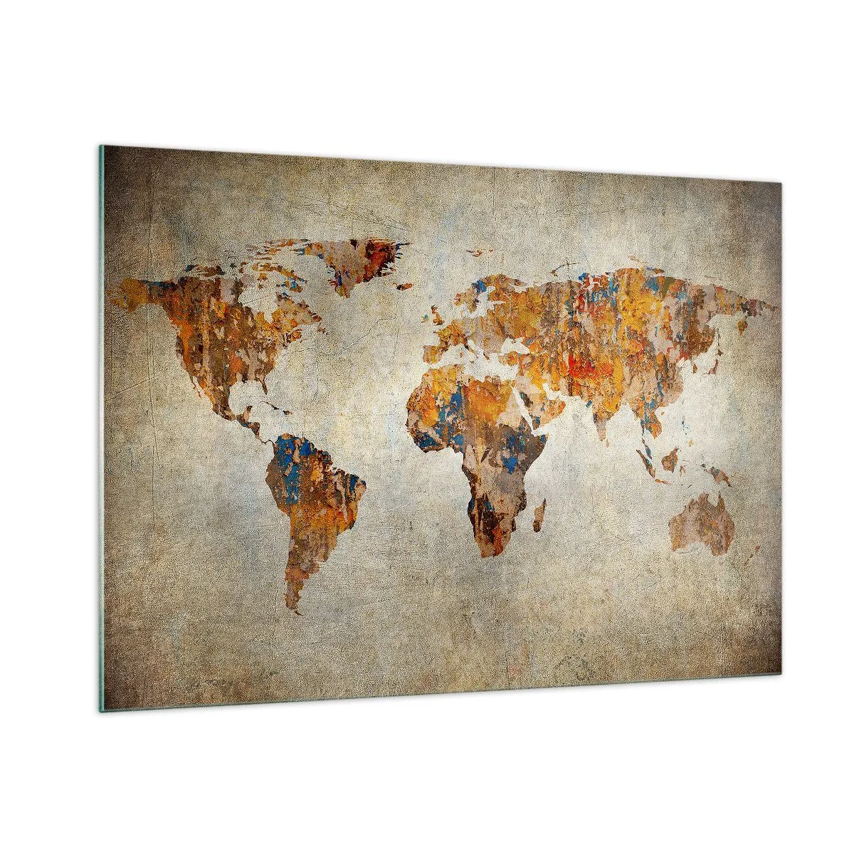 Cuadro sobre vidrio - Impresiones sobre Vidrio - Mapa artístico del mundo en tonos cálidos - 100x70cm - Un mundo verdaderamente grande - Decoración de pared moderna para salón y dormitorio ARTTOR