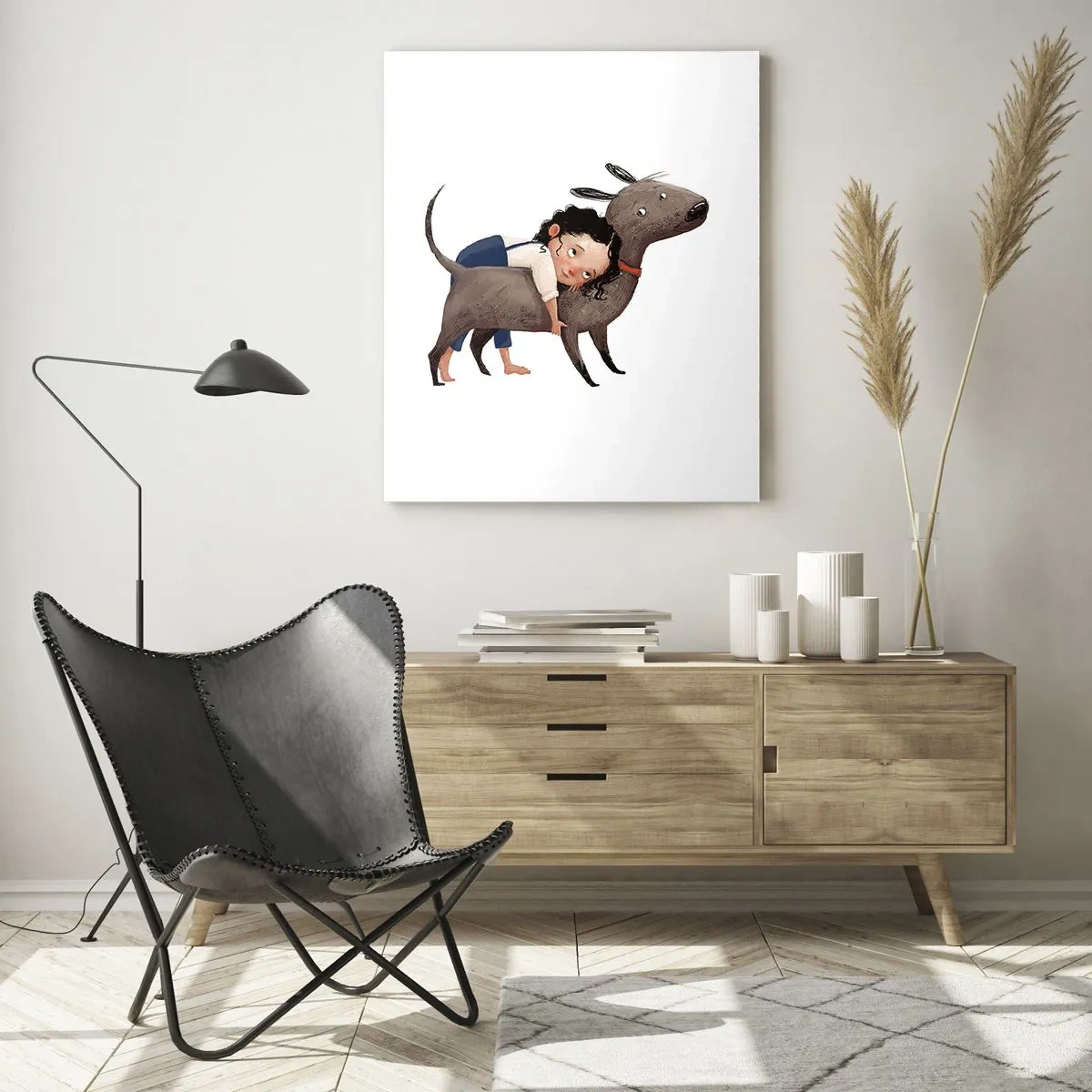 Cuadro sobre vidrio - Impresiones sobre Vidrio - Ilustración de estilo de dibujos animados de un niño abrazando a un perro. - 80x120cm - Mejores amigos - Decoración de pared moderna para salón y dormitorio ARTTOR
