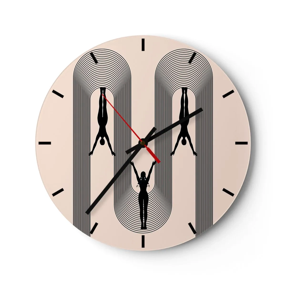 Reloj de pared - Reloj de vidrio - Siluetas negras de figuras en movimiento entre arcos geométricos - 30x30cm - Al revés, o no - Decoración de pared moderna para salón, cocina y dormitorio ARTTOR