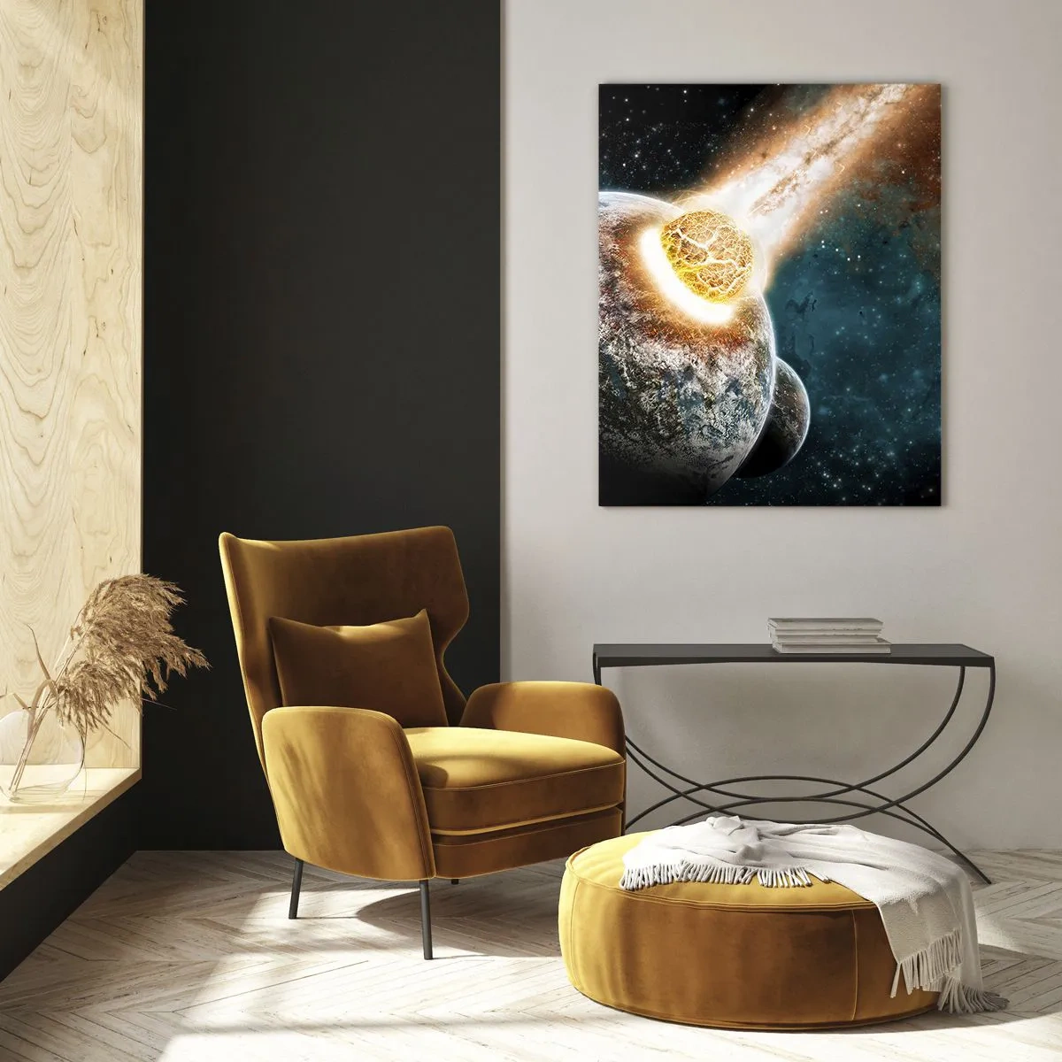 Cuadro sobre vidrio - Impresiones sobre Vidrio - Un planeta colisionando con un meteorito - 50x70cm - ¿Condena o nacimiento? - Decoración de pared moderna para salón y dormitorio ARTTOR