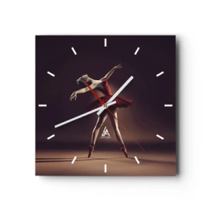 Reloj de pared - Reloj de vidrio - Una bailarina de ballet con un vestido rojo frente a un escenario de fondo. - 30x30cm - Primera bailarina - Decoración de pared moderna para salón y dormitorio ARTTOR