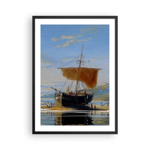 Póster en marco negro - Un velero tradicional en la orilla con su reflejo en el agua. - 50x70cm - Agua, tierra, aire - Decoración de pared moderna para salón y dormitorio ARTTOR