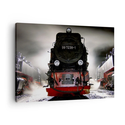 Cuadro sobre lienzo - Impresión de Imagen - Una locomotora de vapor rodeada de vapor contra un cielo oscuro en un entorno atmosférico. - 70x50cm - De pie, jadeando y soplando - Decoración de pared moderna para salón y dormitorio ARTTOR