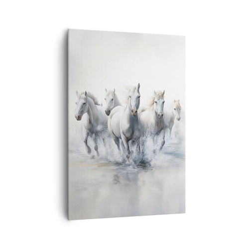 Cuadro sobre lienzo - Impresión de Imagen - Caballos blancos galopando por el agua - 70x100cm - Magia blanca - Decoración de pared moderna para salón y dormitorio ARTTOR