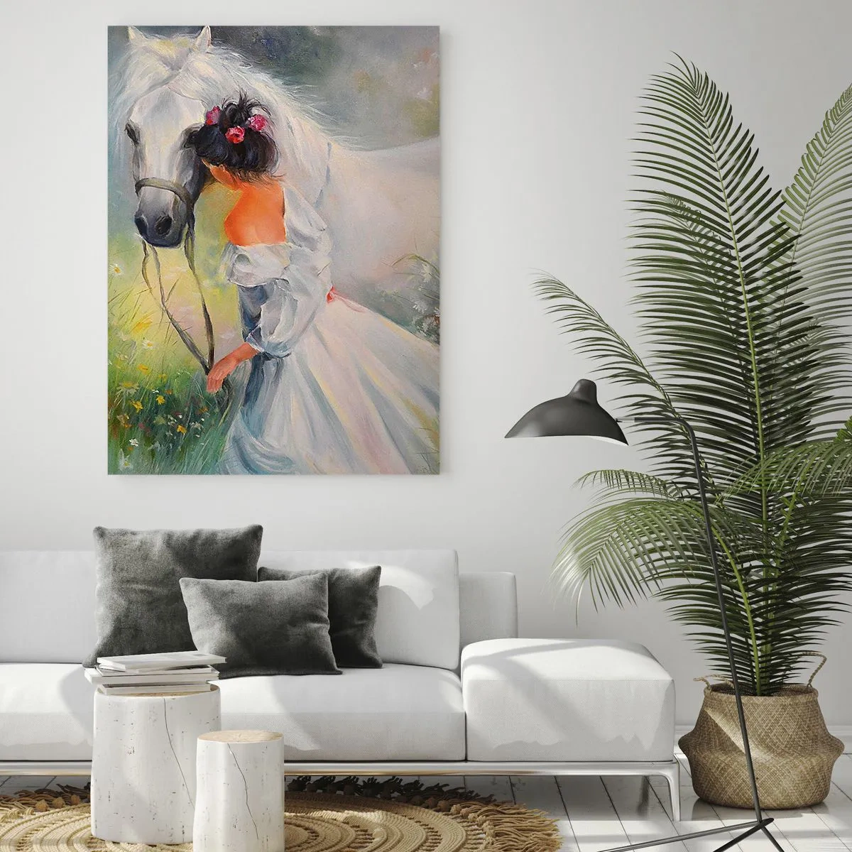 Cuadro sobre vidrio - Impresiones sobre Vidrio - Una mujer con un caballo blanco en un entorno pintoresco. - 70x100cm - Como si de un hermoso sueño se tratara - Decoración de pared moderna para salón y dormitorio ARTTOR