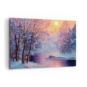 Cuadro sobre lienzo - Impresión de Imagen - Paisaje invernal con río y árboles al amanecer. - 120x80cm - Colores del invierno - Decoración de pared moderna para salón y dormitorio ARTTOR
