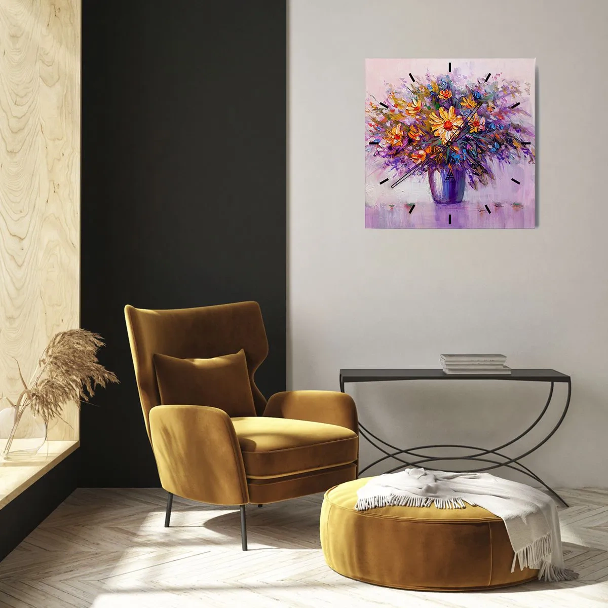 Reloj de pared - Reloj de vidrio - Un ramo de flores en un jarrón sobre un fondo pastel. - 30x30cm - Huele dulce, parece dulce - Decoración de pared moderna para salón y dormitorio ARTTOR