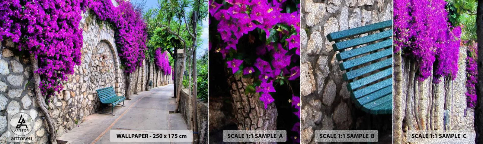 Muestra de fotomural Premium Sand - Punto de reunión - Ciudad, flores, Italia - 100x30 cm