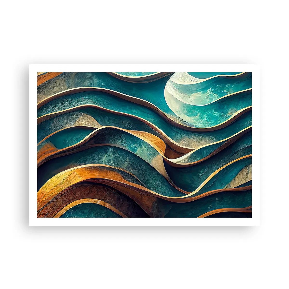 Póster - Ondas abstractas en tonos turquesa y dorado - 100x70cm - Meandros de azul - Decoración de pared moderna para salón y dormitorio ARTTOR