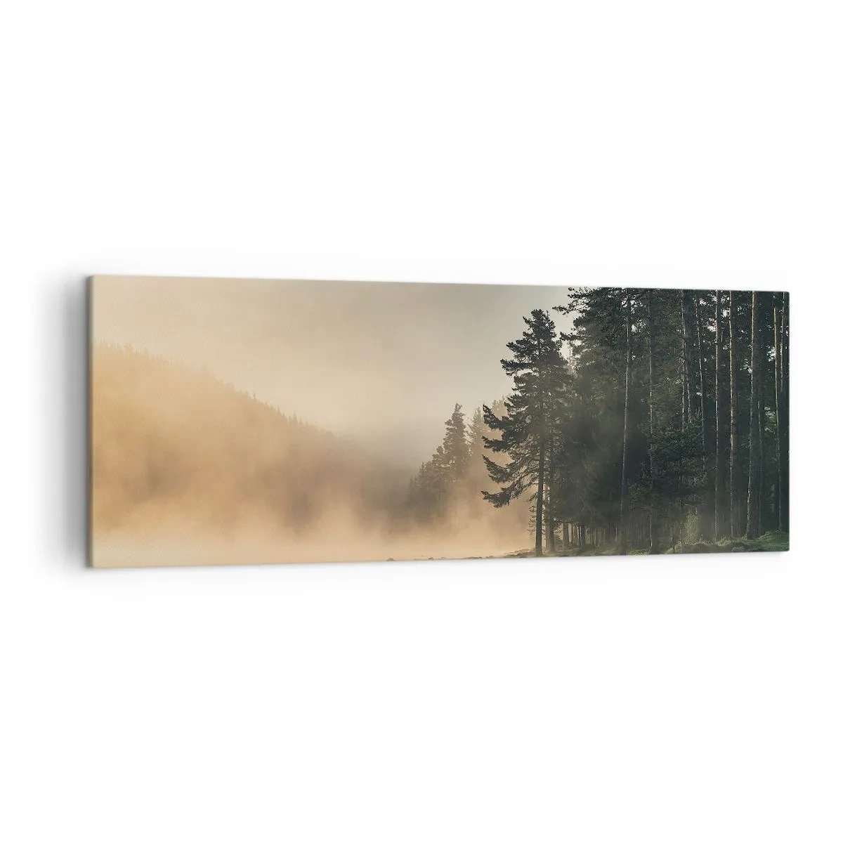 Cuadro sobre lienzo - Impresión de Imagen - Un bosque brumoso sobre un lago tranquilo. - 140x50cm - El nacimiento de un día - Decoración de pared moderna para salón y dormitorio ARTTOR