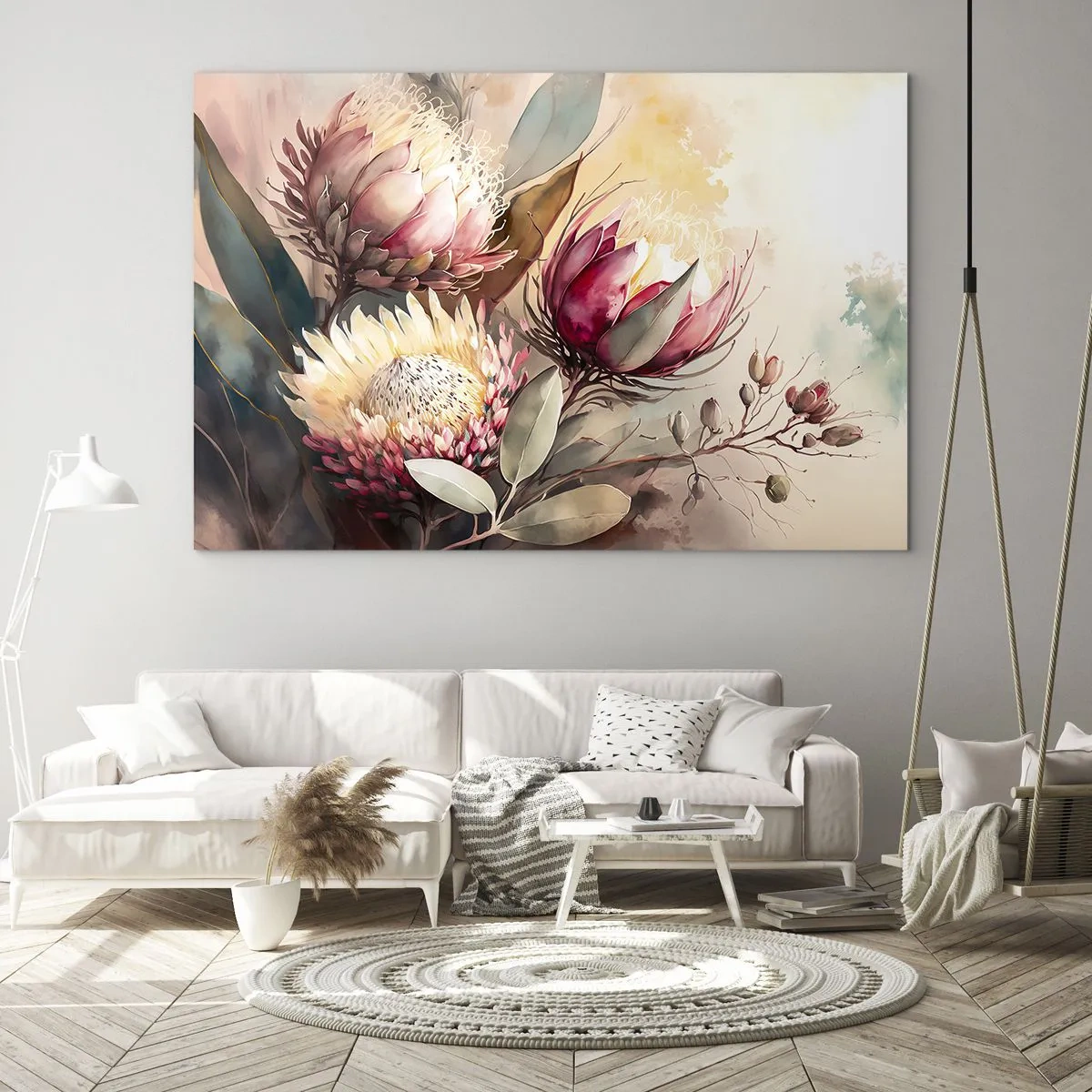 Cuadro sobre vidrio - Impresiones sobre Vidrio - Flores de protea en colores pastel sobre un fondo artístico. - 120x80cm - De perfil y de frente - Decoración de pared moderna para salón y dormitorio ARTTOR