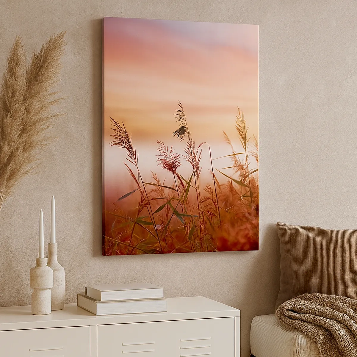 Cuadro sobre lienzo - Impresión de Imagen - Un campo de hierba con el telón de fondo de una pintoresca puesta de sol. - 50x70cm - El arte del viento - Decoración de pared moderna para salón y dormitorio ARTTOR
