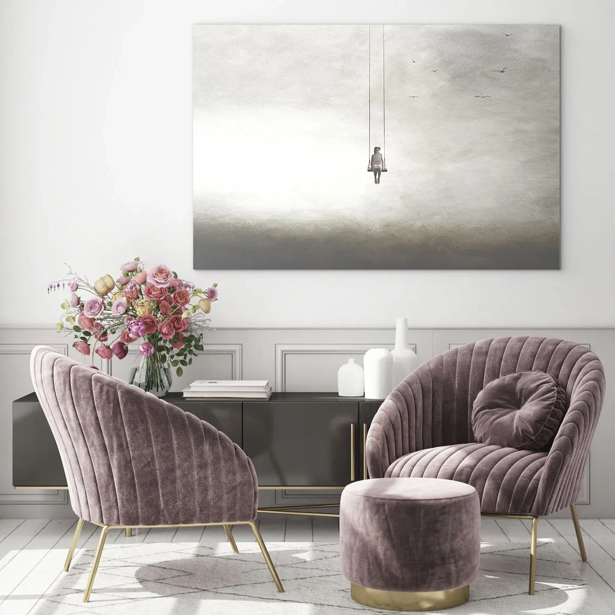 Cuadro sobre vidrio - Impresiones sobre Vidrio - Una figura en un columpio suspendido en el cielo. - 120x80cm - El niño que llevamos dentro - Decoración de pared moderna para salón y dormitorio ARTTOR