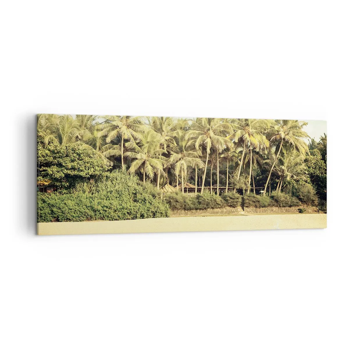 Cuadro sobre lienzo - Impresión de Imagen - Playa tropical con palmeras y mar turquesa. - 140x50cm - ¿Qué tal aquí? - Decoración de pared moderna para salón y dormitorio ARTTOR