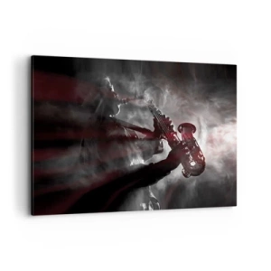 Cuadro sobre lienzo - Impresión de Imagen - Saxofonista en humo en el escenario en negro y rojo atmosférico - 120x80cm - En el vapor del jazz - Decoración de pared moderna para salón y dormitorio ARTTOR