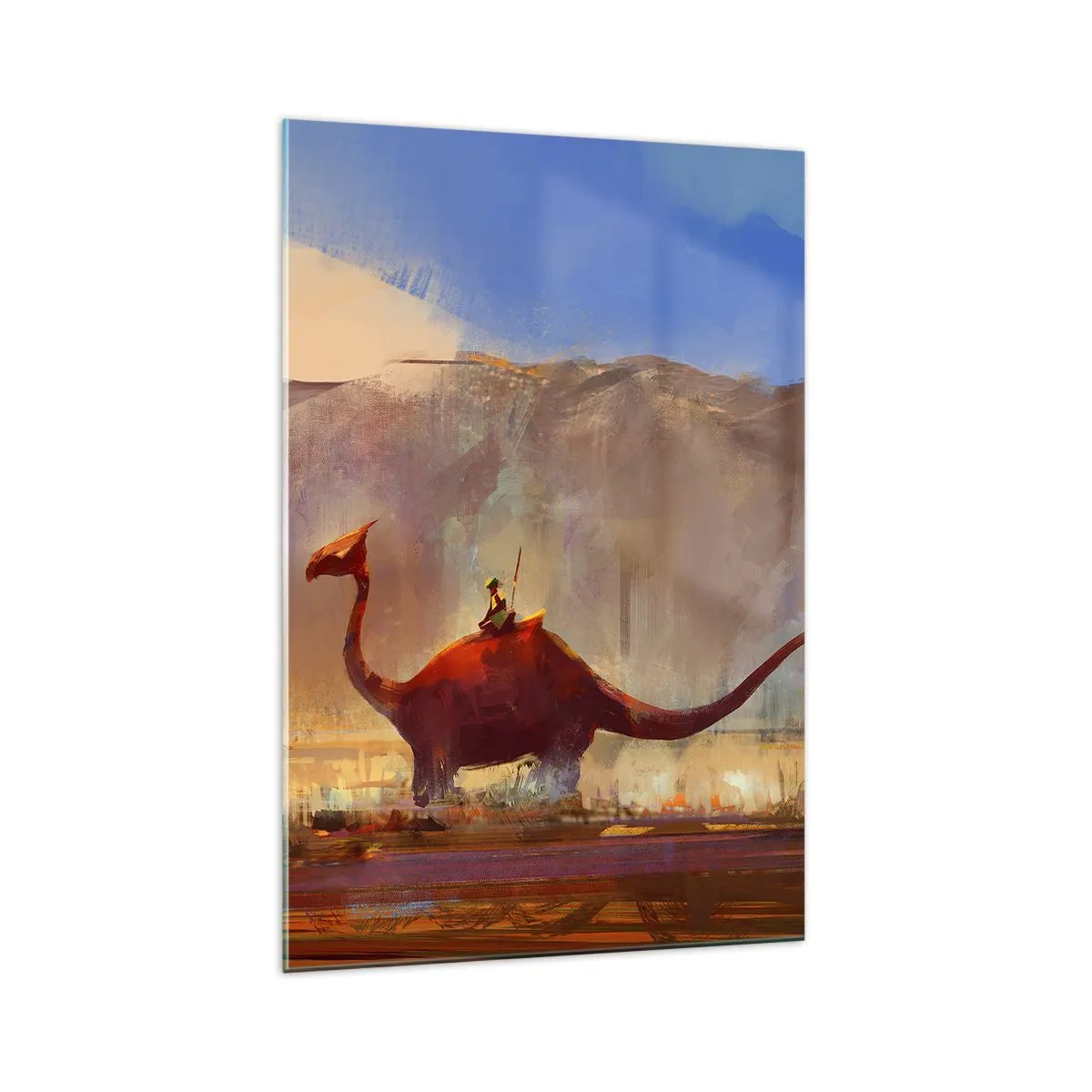 Cuadro sobre vidrio - Impresiones sobre Vidrio - Una escena de fantasía con un jinete sobre una criatura prehistórica. - 70x100cm - Si no se hubieran extinguido - Decoración de pared moderna para salón y dormitorio ARTTOR