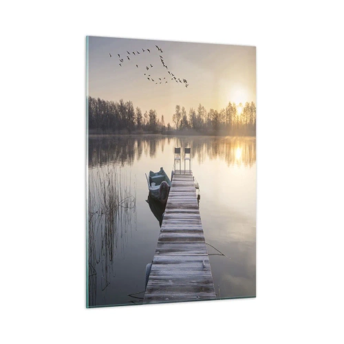 Cuadro sobre vidrio - Impresiones sobre Vidrio - Mañana en el lago con muelle. - 50x70cm - Volveré en un rato - Decoración de pared moderna para salón y dormitorio ARTTOR