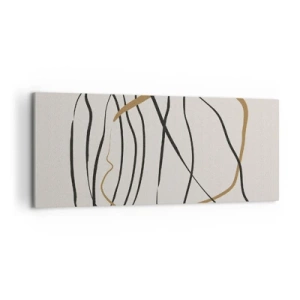 Cuadro sobre lienzo - Impresión de Imagen - Líneas artísticas en negro y dorado sobre un fondo claro. - 120x50cm - Composición: danza lineal - Decoración de pared moderna para salón y dormitorio ARTTOR